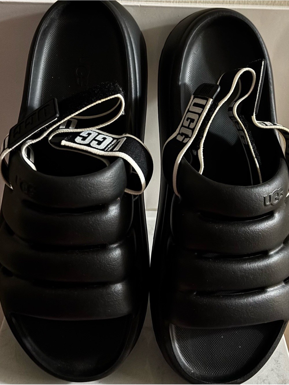 UGG Women’s Black Puffer Slide Sandals with Logo Elastic Strap